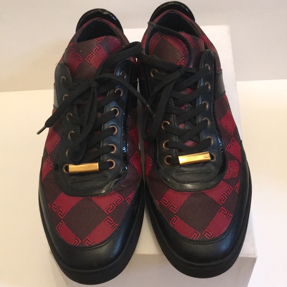 Versace Men’s Red and Black Checkerboard Sneakers with Gold Accent